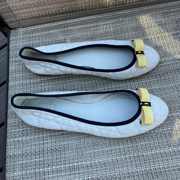 Dior Shoes - CHRISTIAN DIOR OFF WHITE BLUE YELLOW BOW CANNAGE QUILT BALLET FLATS-9M-WOW!
